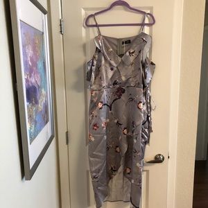 Metallic Faux Wrap Dress with floral detail